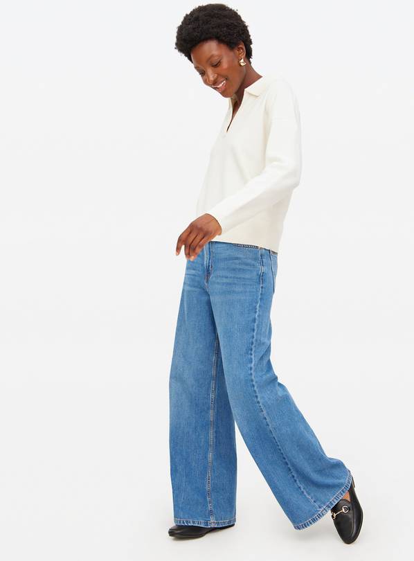 Mid Denim Lyocell Blend Flared Palazzo Jeans 10S